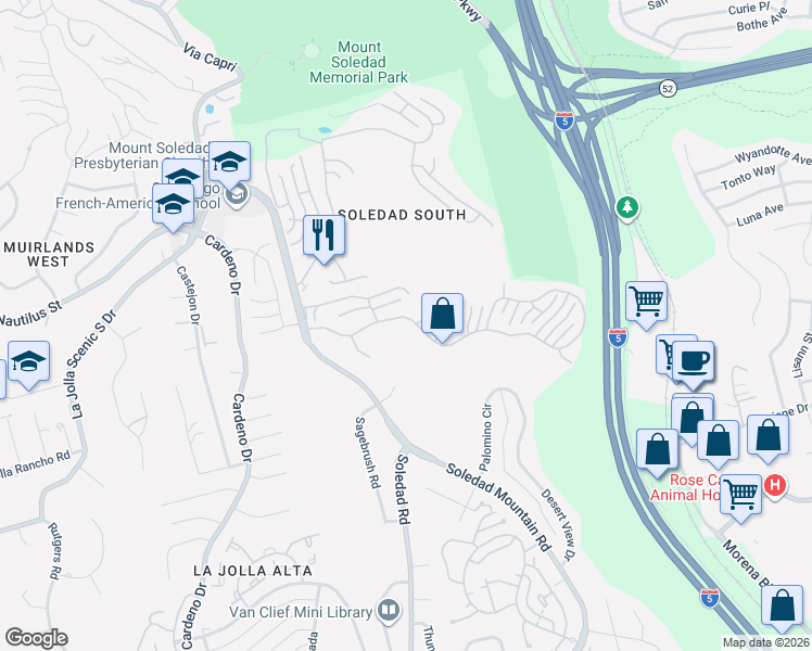 map of restaurants, bars, coffee shops, grocery stores, and more near 2455 Ridgegate Row in San Diego