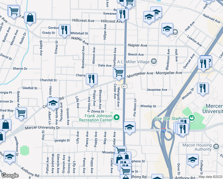 map of restaurants, bars, coffee shops, grocery stores, and more near 1453-1499 Cedar Avenue in Macon
