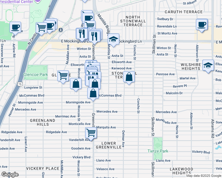 map of restaurants, bars, coffee shops, grocery stores, and more near 3566 Matilda Street in Dallas