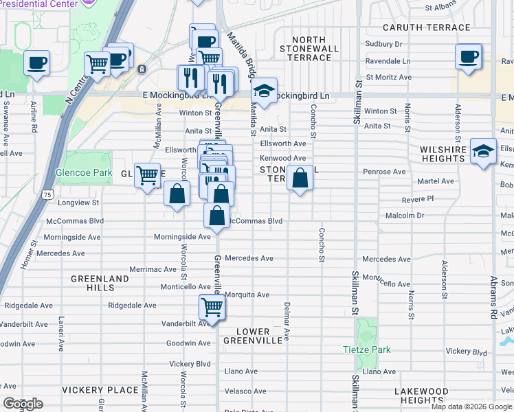 map of restaurants, bars, coffee shops, grocery stores, and more near 3566 Matilda Street in Dallas