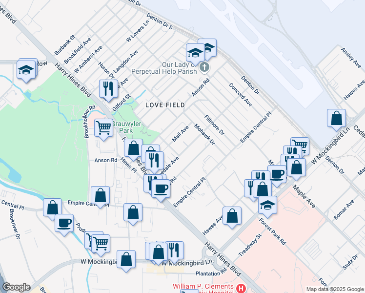 map of restaurants, bars, coffee shops, grocery stores, and more near 2218 Lovedale Avenue in Dallas