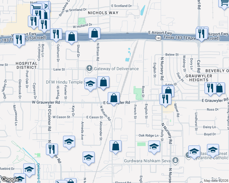 map of restaurants, bars, coffee shops, grocery stores, and more near 1601 Carolyn Street in Irving