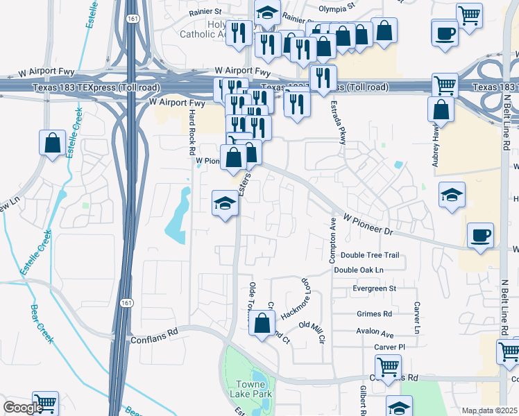 map of restaurants, bars, coffee shops, grocery stores, and more near 4247 Towne Lake Court in Irving