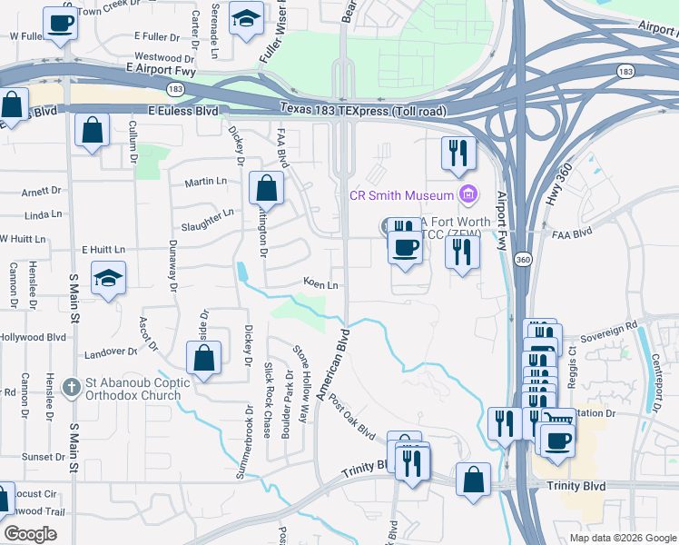map of restaurants, bars, coffee shops, grocery stores, and more near 13625 Koen Lane in Fort Worth