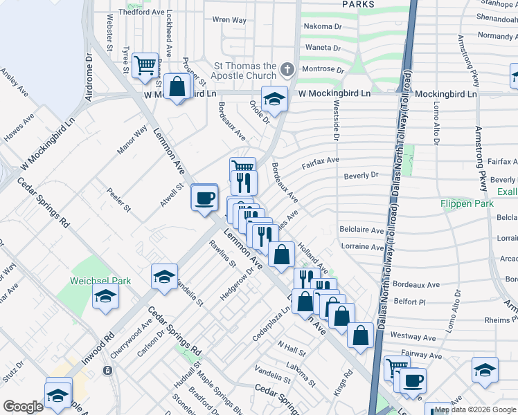 map of restaurants, bars, coffee shops, grocery stores, and more near 5615 La Foy Boulevard in Dallas