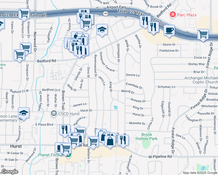 map of restaurants, bars, coffee shops, grocery stores, and more near 501 Merrill Drive in Bedford