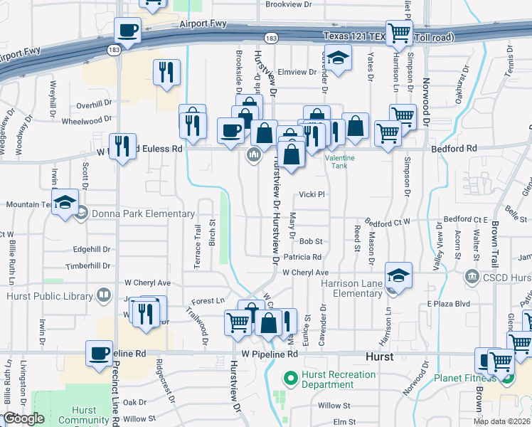 map of restaurants, bars, coffee shops, grocery stores, and more near 1140 Karla Drive in Hurst