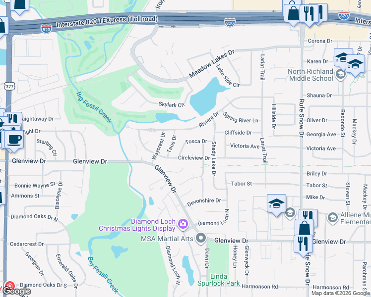 map of restaurants, bars, coffee shops, grocery stores, and more near 6305 Tosca Drive in Haltom City
