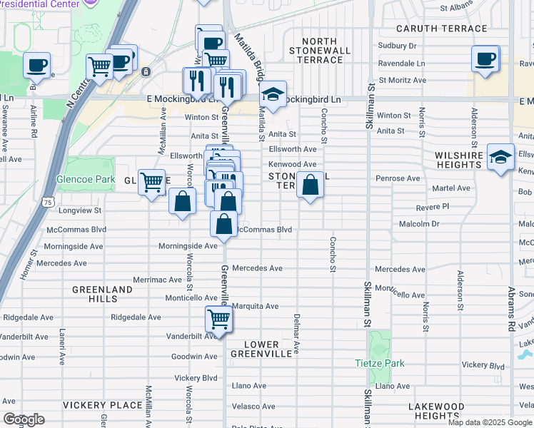 map of restaurants, bars, coffee shops, grocery stores, and more near 3516 Matilda Street in Dallas