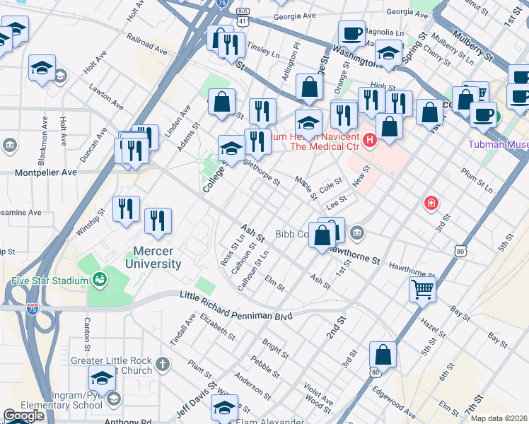 map of restaurants, bars, coffee shops, grocery stores, and more near 1227 Calhoun Street in Macon