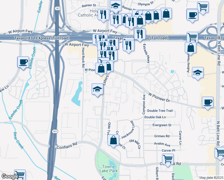 map of restaurants, bars, coffee shops, grocery stores, and more near 4247 Towne Lake Court in Irving