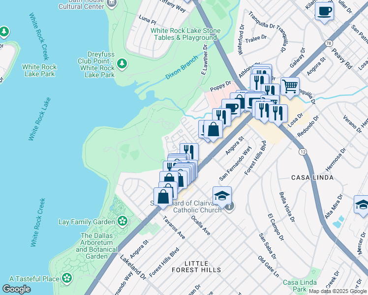 map of restaurants, bars, coffee shops, grocery stores, and more near 9191 Garland Road in Dallas