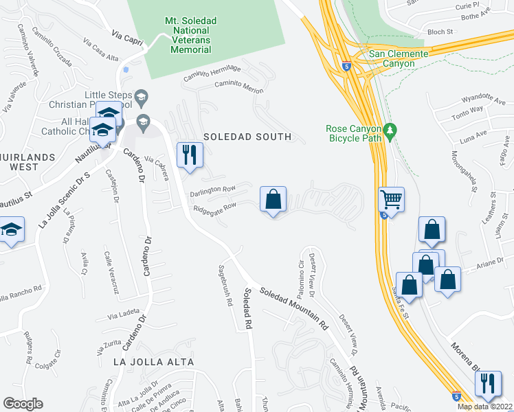 map of restaurants, bars, coffee shops, grocery stores, and more near Ridgegate Row in San Diego