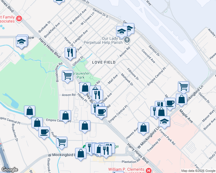 map of restaurants, bars, coffee shops, grocery stores, and more near 2166 Mail Avenue in Dallas