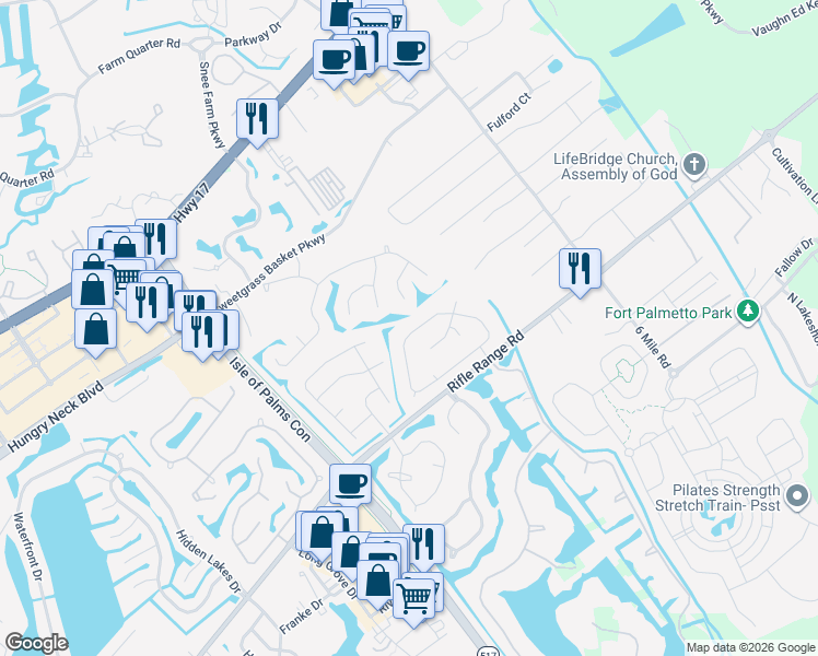 map of restaurants, bars, coffee shops, grocery stores, and more near 1984 Presidio Drive in Mount Pleasant