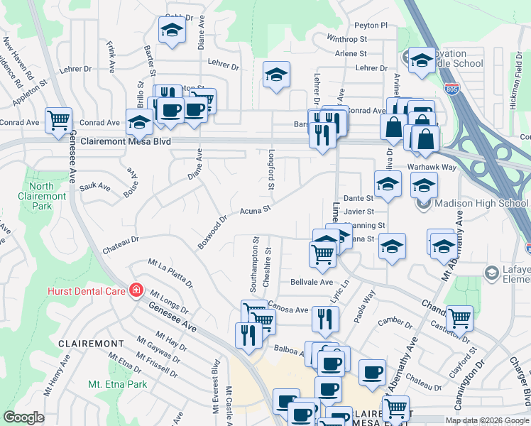 map of restaurants, bars, coffee shops, grocery stores, and more near 4971 Acuna Street in San Diego