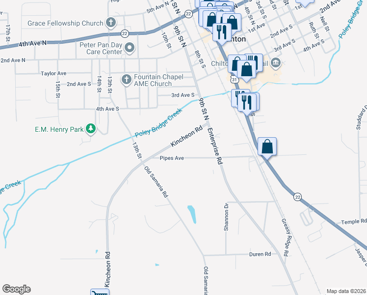 map of restaurants, bars, coffee shops, grocery stores, and more near 1153 Pipes Avenue in Clanton