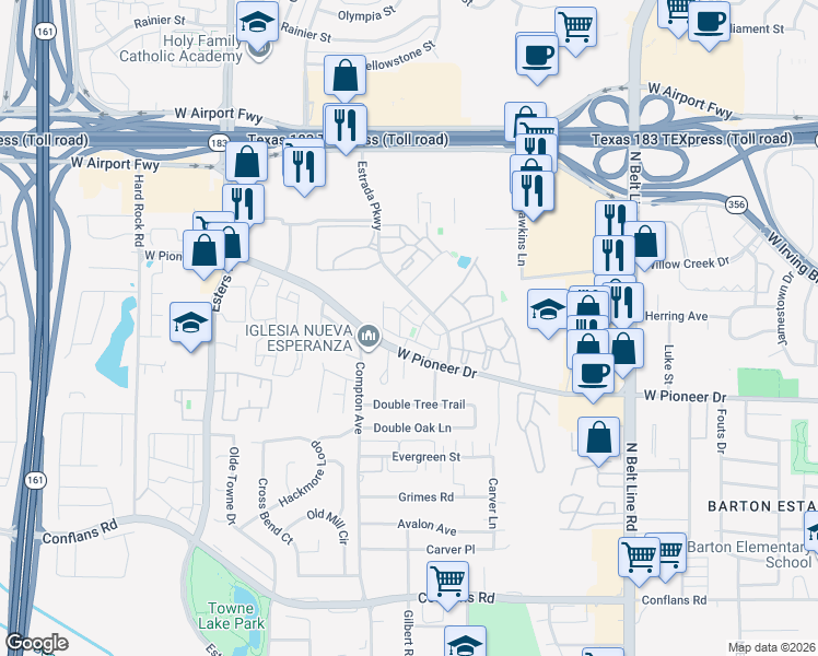 map of restaurants, bars, coffee shops, grocery stores, and more near 1913 Estrada Parkway in Irving