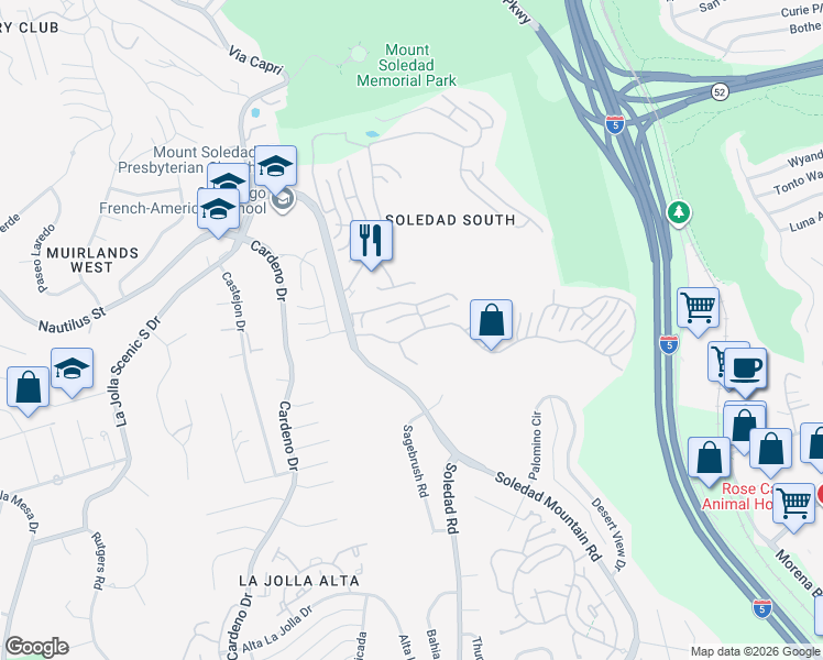 map of restaurants, bars, coffee shops, grocery stores, and more near 2414 Ridgegate Row in San Diego
