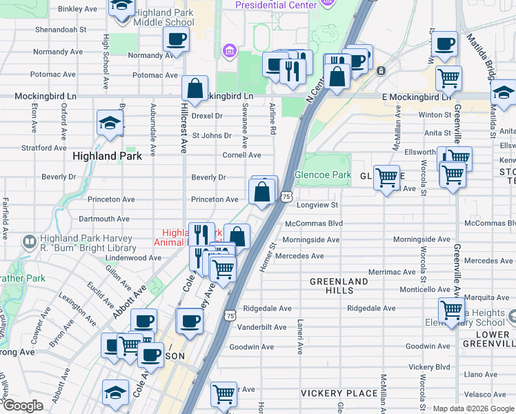 map of restaurants, bars, coffee shops, grocery stores, and more near 5301 McKinney Avenue in Dallas