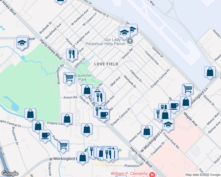 map of restaurants, bars, coffee shops, grocery stores, and more near 2166 Mail Avenue in Dallas