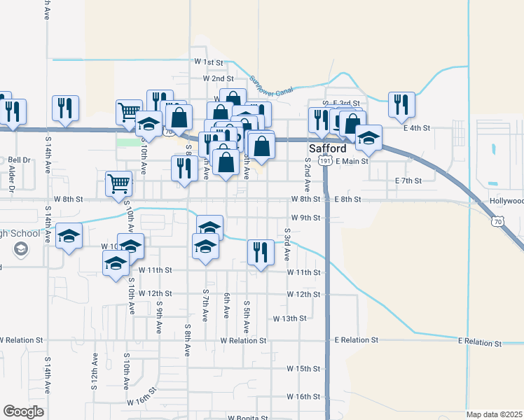 map of restaurants, bars, coffee shops, grocery stores, and more near 808 South Central Avenue in Safford
