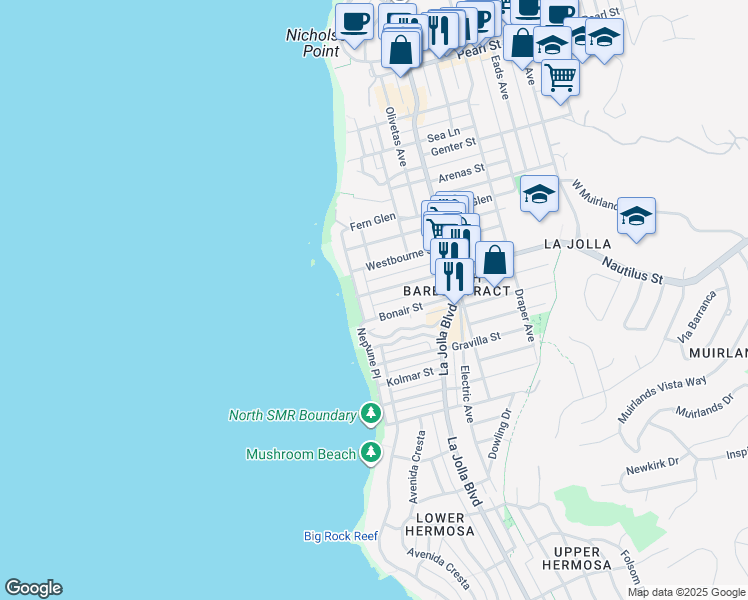 map of restaurants, bars, coffee shops, grocery stores, and more near 6823 Neptune Place in San Diego