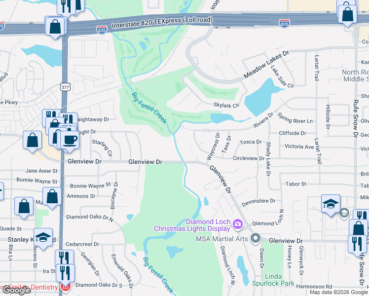map of restaurants, bars, coffee shops, grocery stores, and more near 6113 Glenview Drive in Haltom City