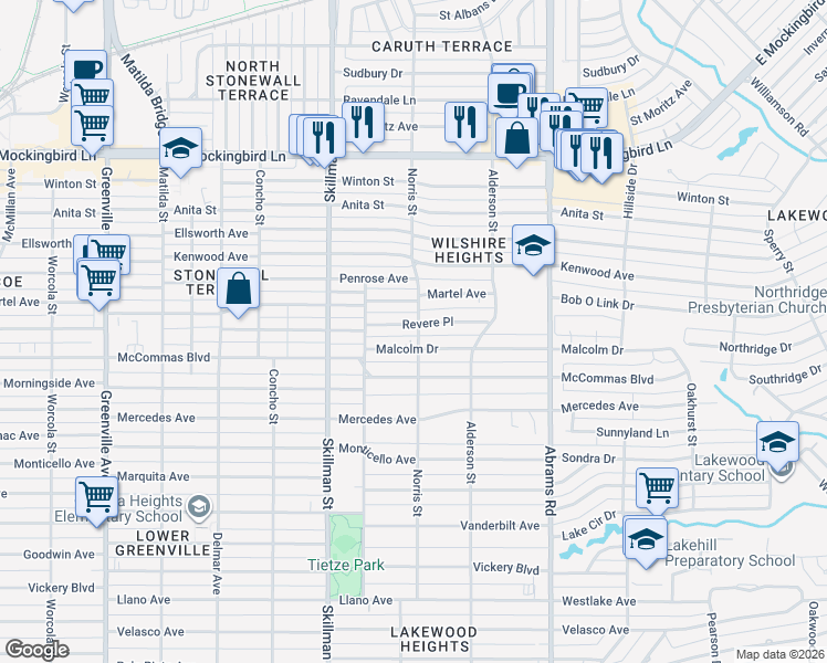 map of restaurants, bars, coffee shops, grocery stores, and more near 6263 Malcolm Drive in Dallas