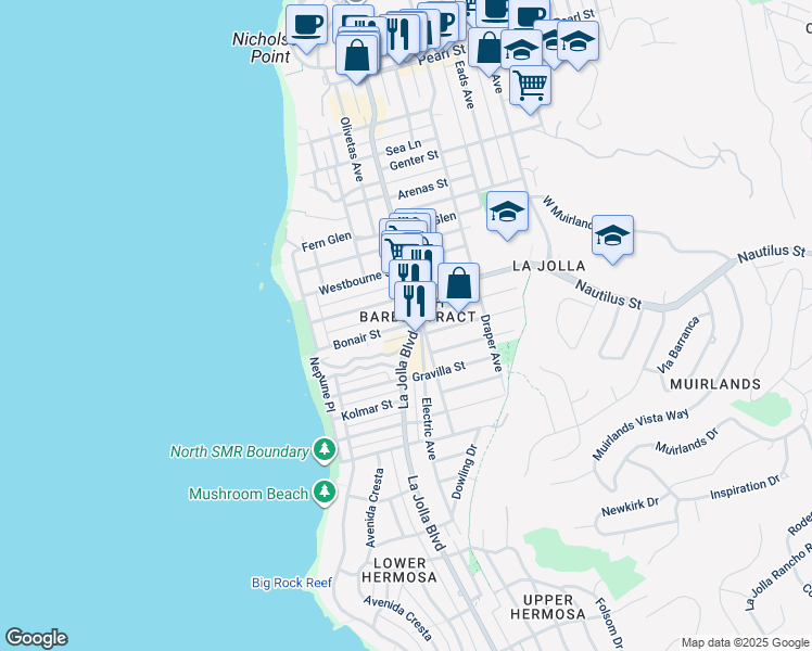 map of restaurants, bars, coffee shops, grocery stores, and more near 436 Bonair Street in San Diego