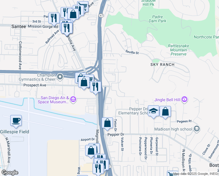 map of restaurants, bars, coffee shops, grocery stores, and more near in Santee