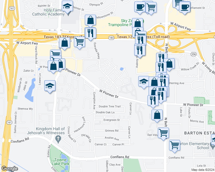 map of restaurants, bars, coffee shops, grocery stores, and more near 1817 Estrada Parkway in Irving