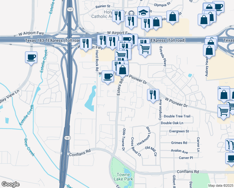 map of restaurants, bars, coffee shops, grocery stores, and more near 1801 Esters Road in Irving