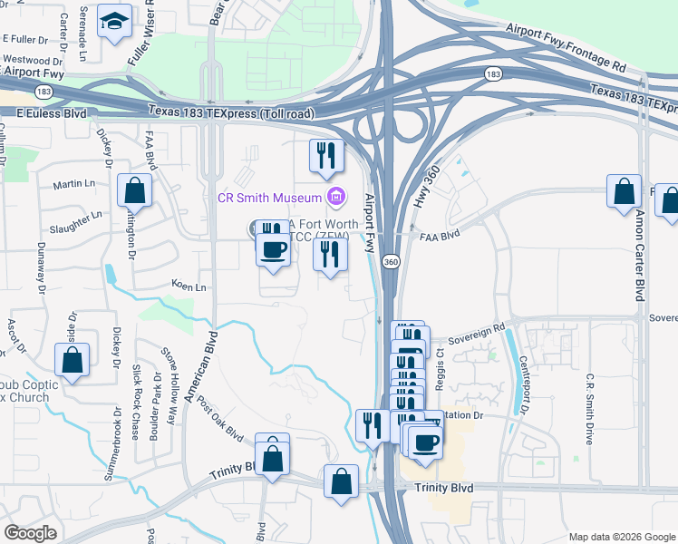 map of restaurants, bars, coffee shops, grocery stores, and more near 4501 Crewmember Way in Fort Worth