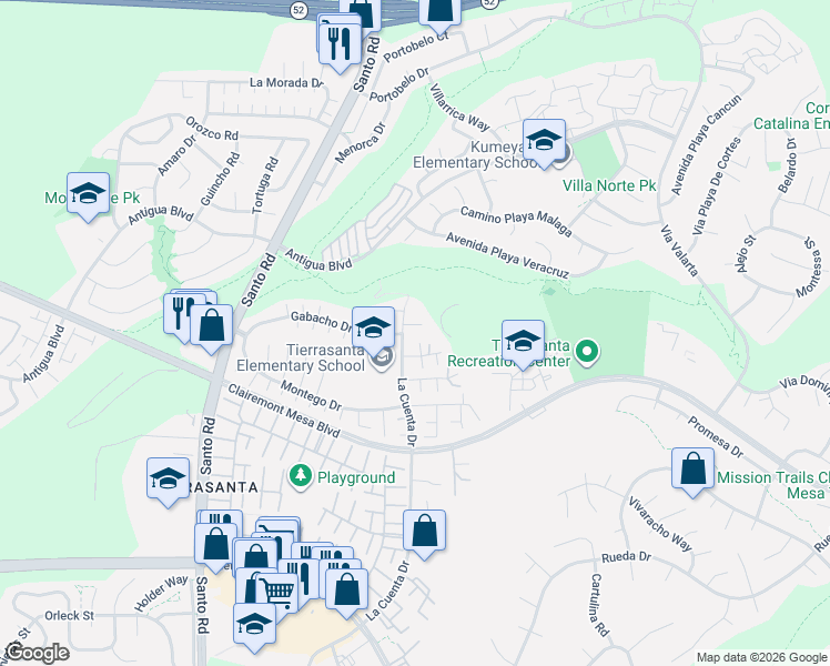 map of restaurants, bars, coffee shops, grocery stores, and more near 5521 La Cuenta Drive in San Diego