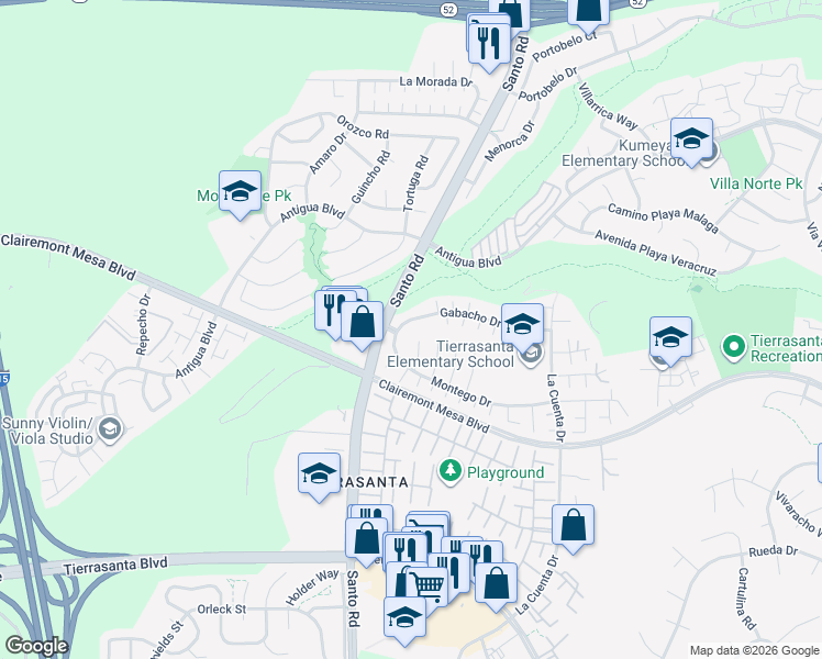 map of restaurants, bars, coffee shops, grocery stores, and more near 10512 Montego Drive in San Diego