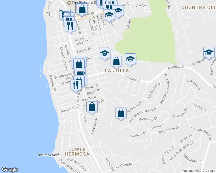 map of restaurants, bars, coffee shops, grocery stores, and more near 760 Bonair Place in San Diego