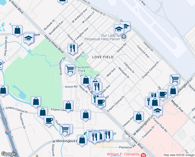 map of restaurants, bars, coffee shops, grocery stores, and more near 2143 Mail Avenue in Dallas