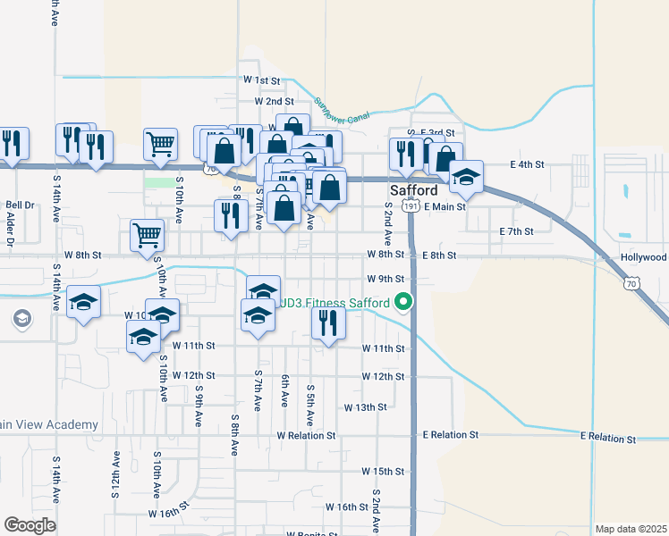 map of restaurants, bars, coffee shops, grocery stores, and more near 808 South Central Avenue in Safford