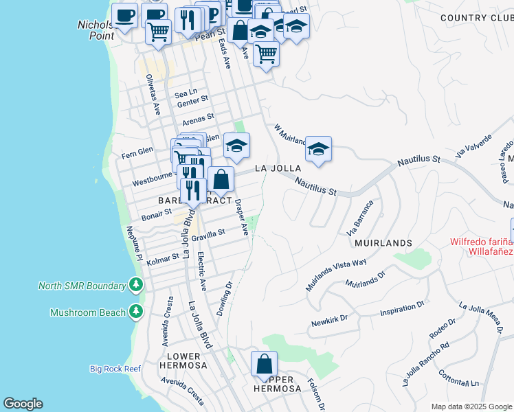 map of restaurants, bars, coffee shops, grocery stores, and more near 760 Bonair Place in San Diego