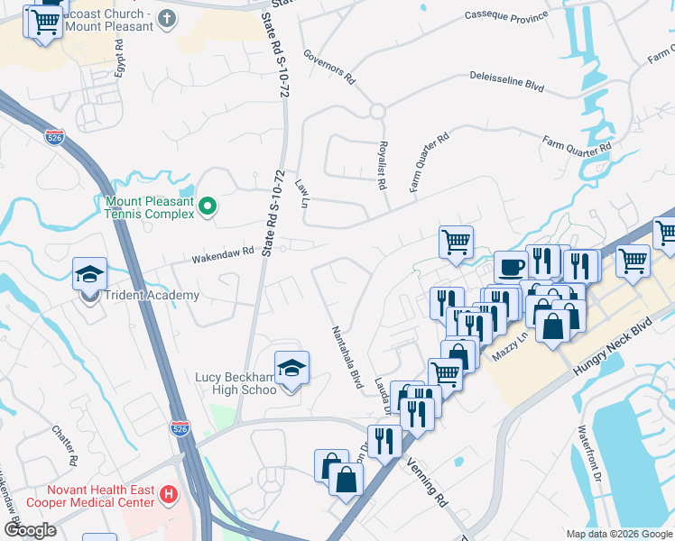 map of restaurants, bars, coffee shops, grocery stores, and more near 1617 Cullowhee Circle in Mount Pleasant
