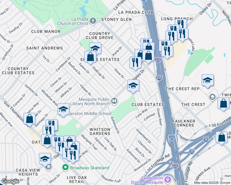 map of restaurants, bars, coffee shops, grocery stores, and more near 2520 Oates Drive in Mesquite