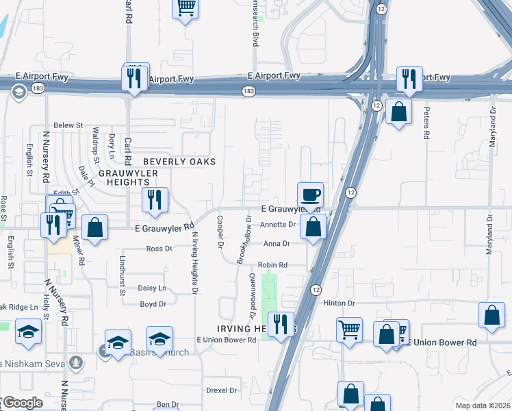 map of restaurants, bars, coffee shops, grocery stores, and more near 1819 East Grauwyler Road in Irving