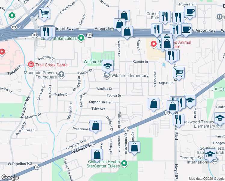 map of restaurants, bars, coffee shops, grocery stores, and more near 1604 Toplea Drive in Euless