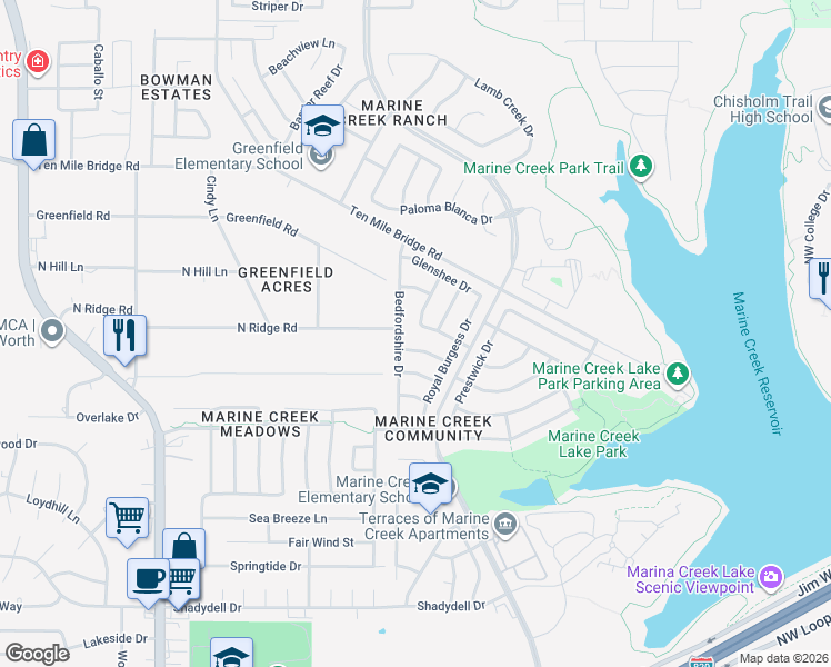 map of restaurants, bars, coffee shops, grocery stores, and more near 5604 Wiltshire Drive in Fort Worth