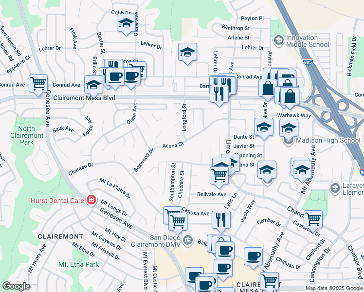 map of restaurants, bars, coffee shops, grocery stores, and more near 4979 Acuna Street in San Diego