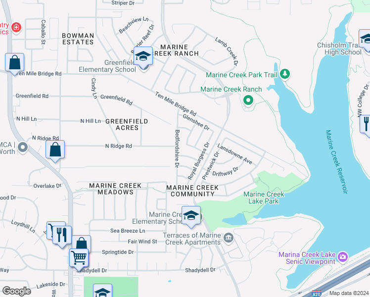 map of restaurants, bars, coffee shops, grocery stores, and more near 5613 Ainsdale Drive in Fort Worth