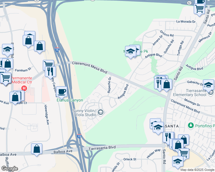 map of restaurants, bars, coffee shops, grocery stores, and more near 5360 Repecho Drive in San Diego