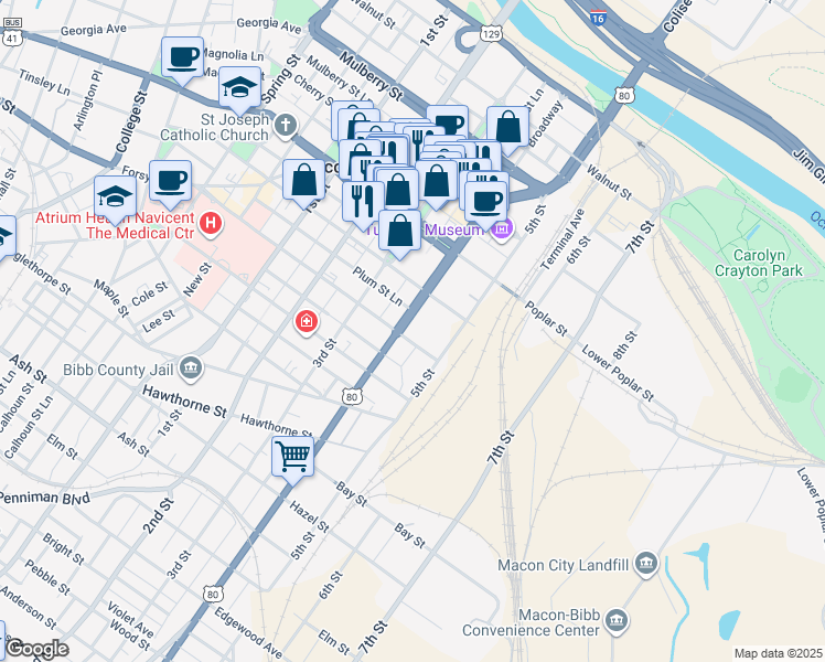 map of restaurants, bars, coffee shops, grocery stores, and more near 340 Pine Street in Macon