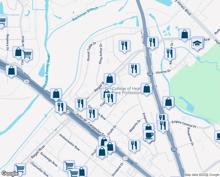 map of restaurants, bars, coffee shops, grocery stores, and more near 1330 Regal Row in Dallas